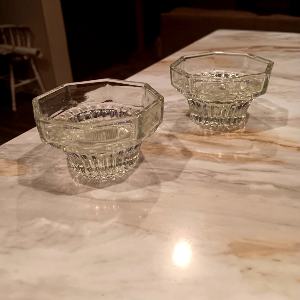 Pair Kig Glass Candle Holders Indonesia 3" x 1.75" Ribbed Pattern